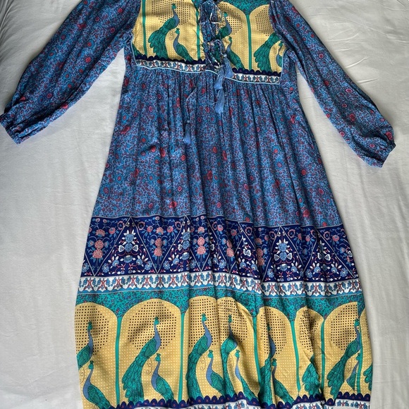 R. Vivimos Boho Festival Midi Blue/Yellow Peacock Print Dress Womens Sz L EUC - Picture 7 of 15